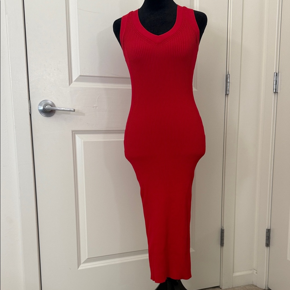 Michael Kors Red Ribbed Knit Midi Dress – Holiday Party – Size XXS